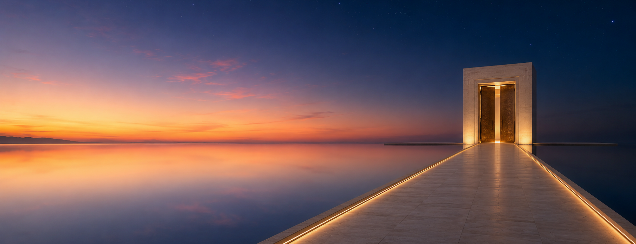 Illuminated doorway over calm water at sunset